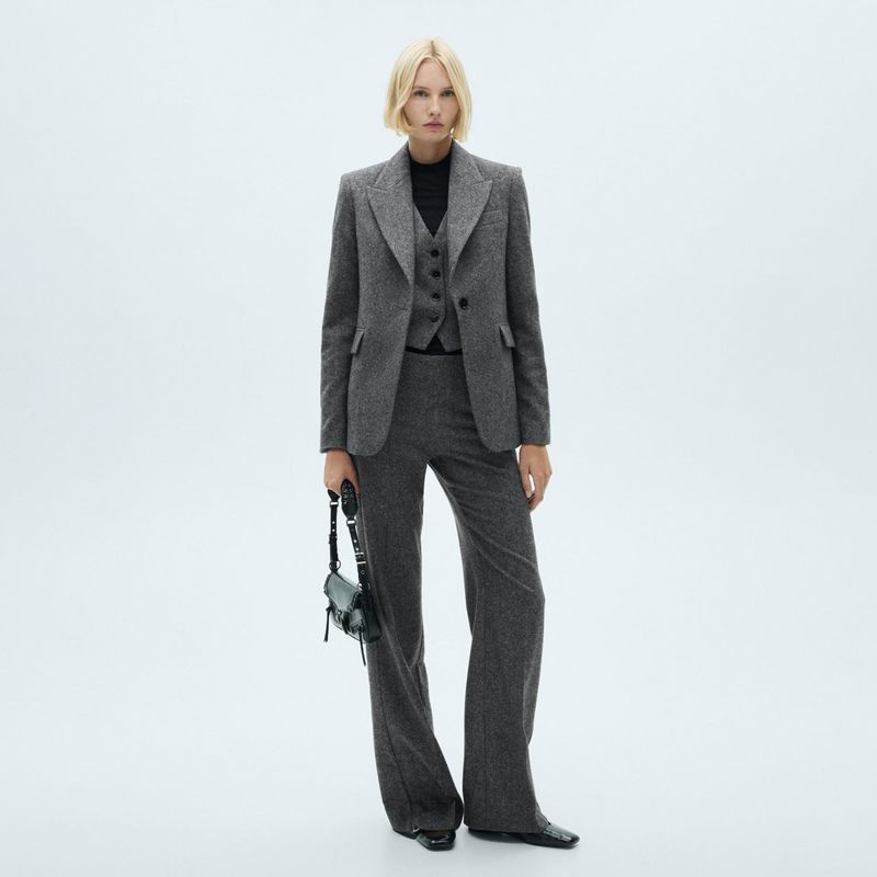 MANGO - Pantalón Traje Jaspeado Lana Mujer Mango