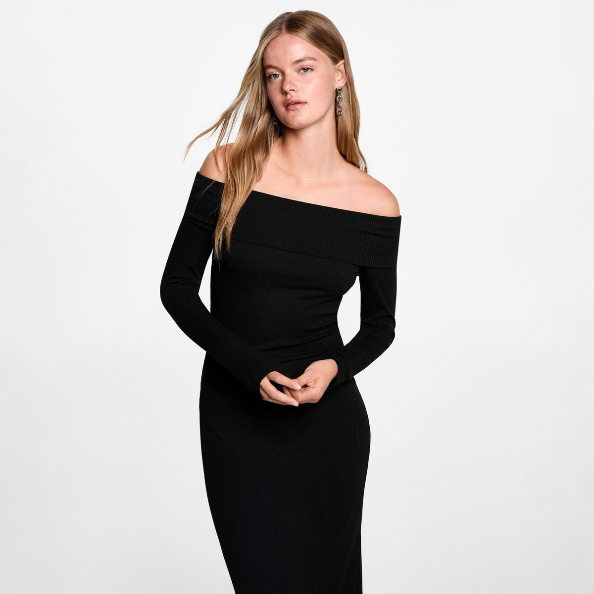 MANGO TEEN - Vestido Largo Hombros Descubiertos Mujer Mango Teen