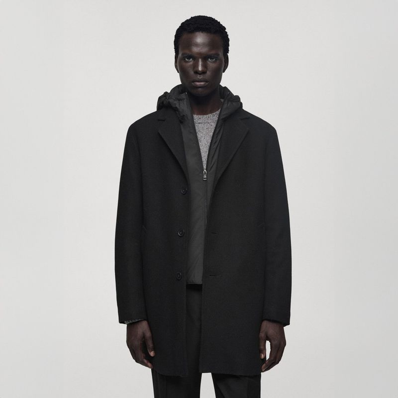 MANGO MAN - Abrigo Lana Capucha Interior Acolchado Hombre Mango Man