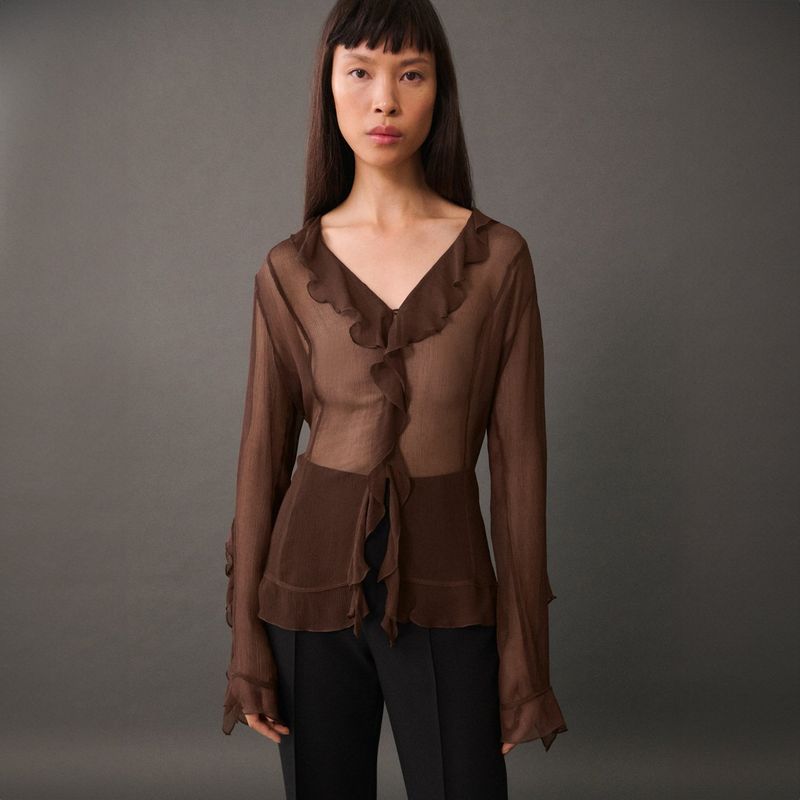 MANGO - Blusa Semitransparente Volantes Mujer Mango