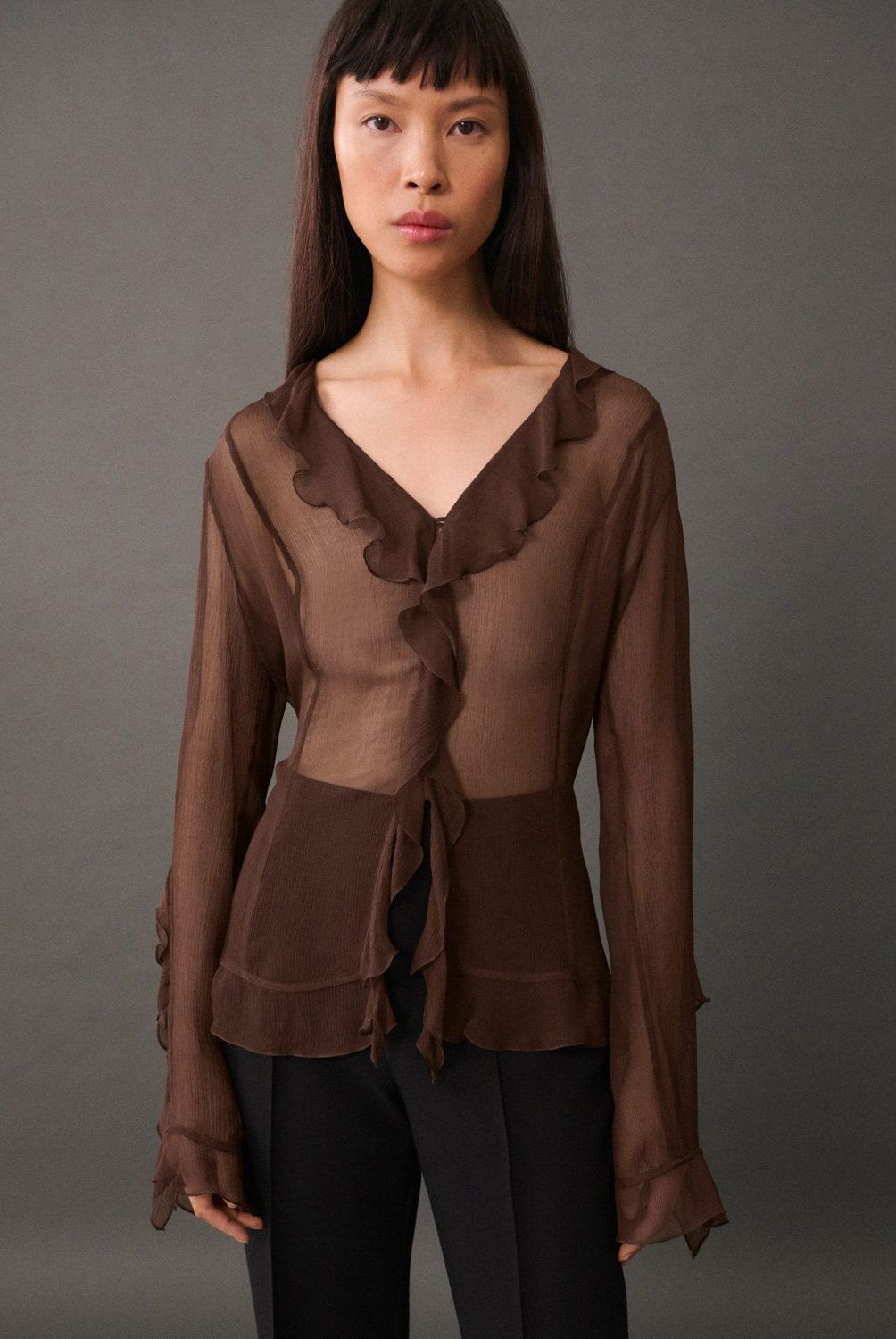 MANGO - Blusa Semitransparente Volantes Mujer Mango