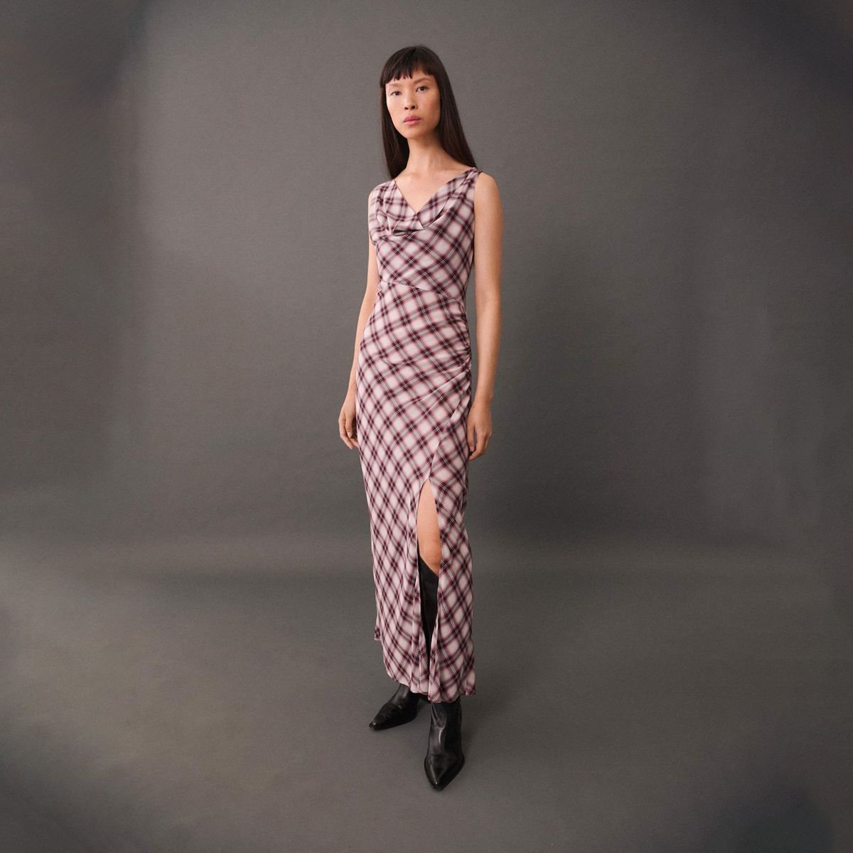 MANGO - Vestido Midi Estampado Cuadros Mujer Mango