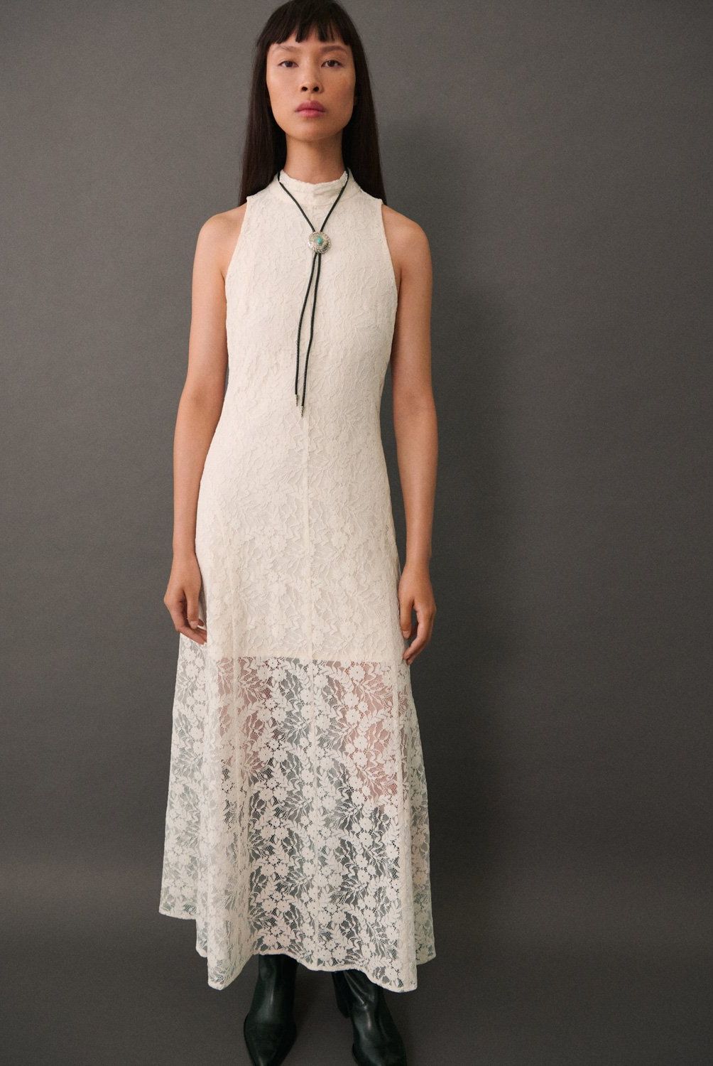 MANGO - Vestido Largo Encaje Mujer Mango