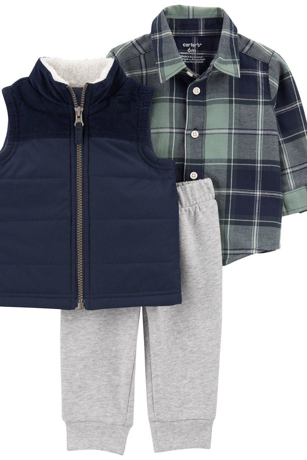 CARTER'S - Conjunto 3 Piezas Chaqueta Sin Manga, Camisa Y Pantalón De Buzo Bebé Niño Carter's
