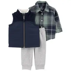 CARTER'S - Conjunto 3 Piezas Chaqueta Sin Manga, Camisa Y Pantalón De Buzo Bebé Niño