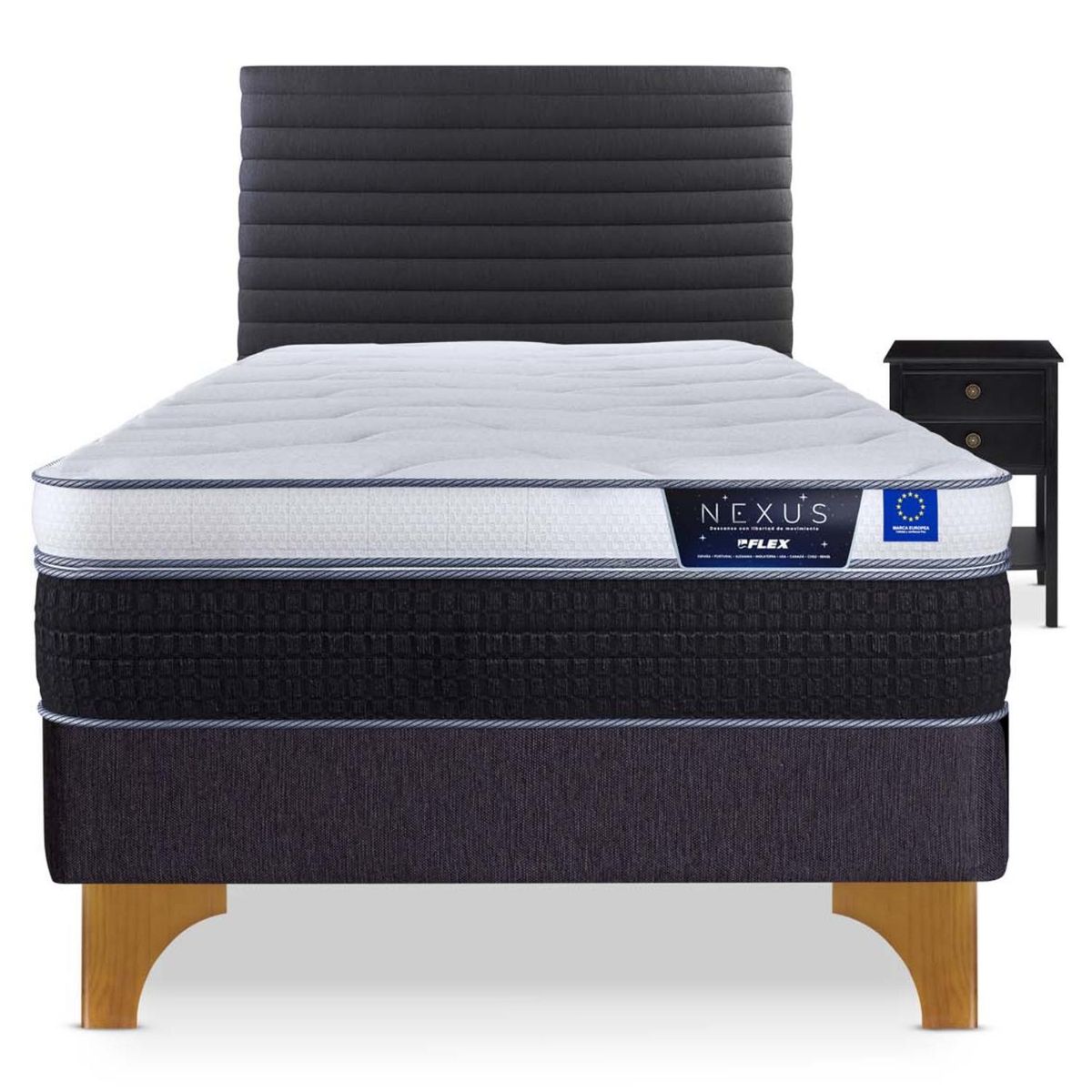 FLEX - Cama Europea Nexus 1.5 Plaza + Respaldo Modern + Velador Rover Flex