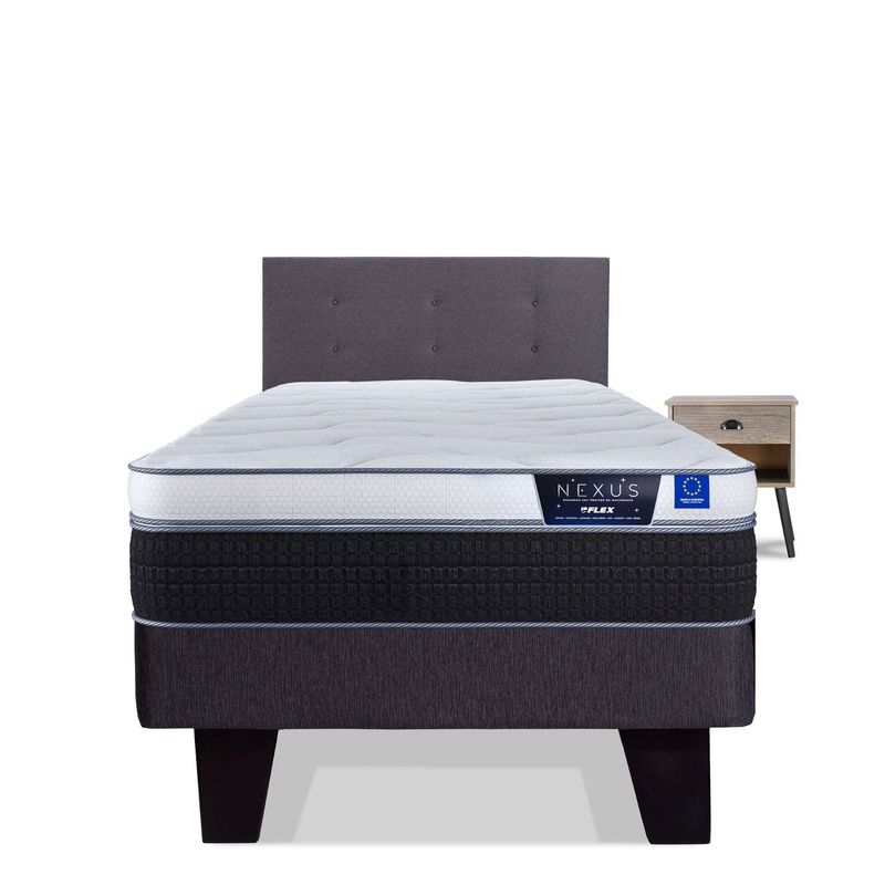 FLEX - Cama Europea Nexus 1.5 Plaza + Respaldo Royal Grafito + Velador Rock Flex