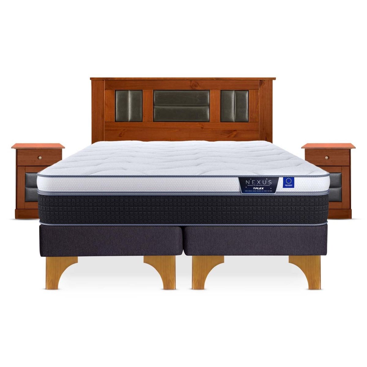 FLEX - Cama Europea Nexus 2 Plazas x 2.00mt Base Dividida + Respaldo + 2 Veladores Flex