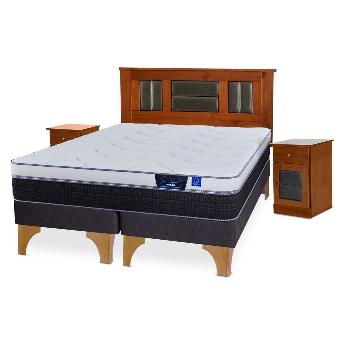 FLEX - Cama Europea Nexus 2 Plazas x 2.00mt Base Dividida + Respaldo + 2 Veladores Flex
