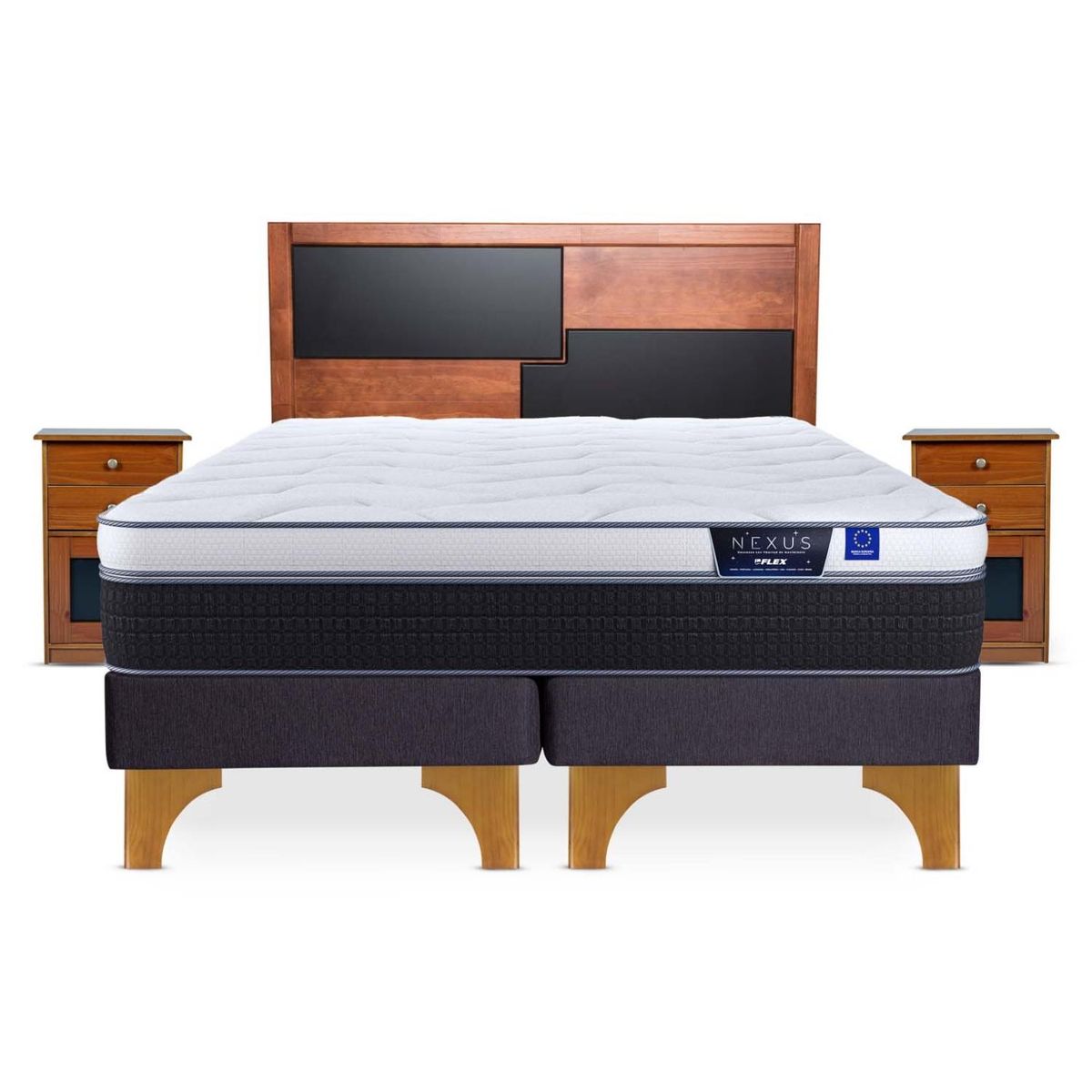 FLEX - Cama Europea Nexus 2 Plazas x 2.00mt Base Dividida + Respaldo + 2 Veladores Flex
