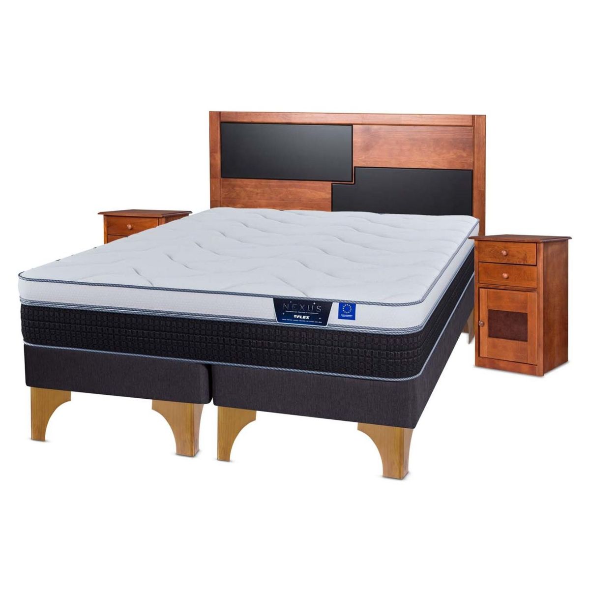 FLEX - Cama Europea Nexus 2 Plazas x 2.00mt Base Dividida + Respaldo + 2 Veladores Flex