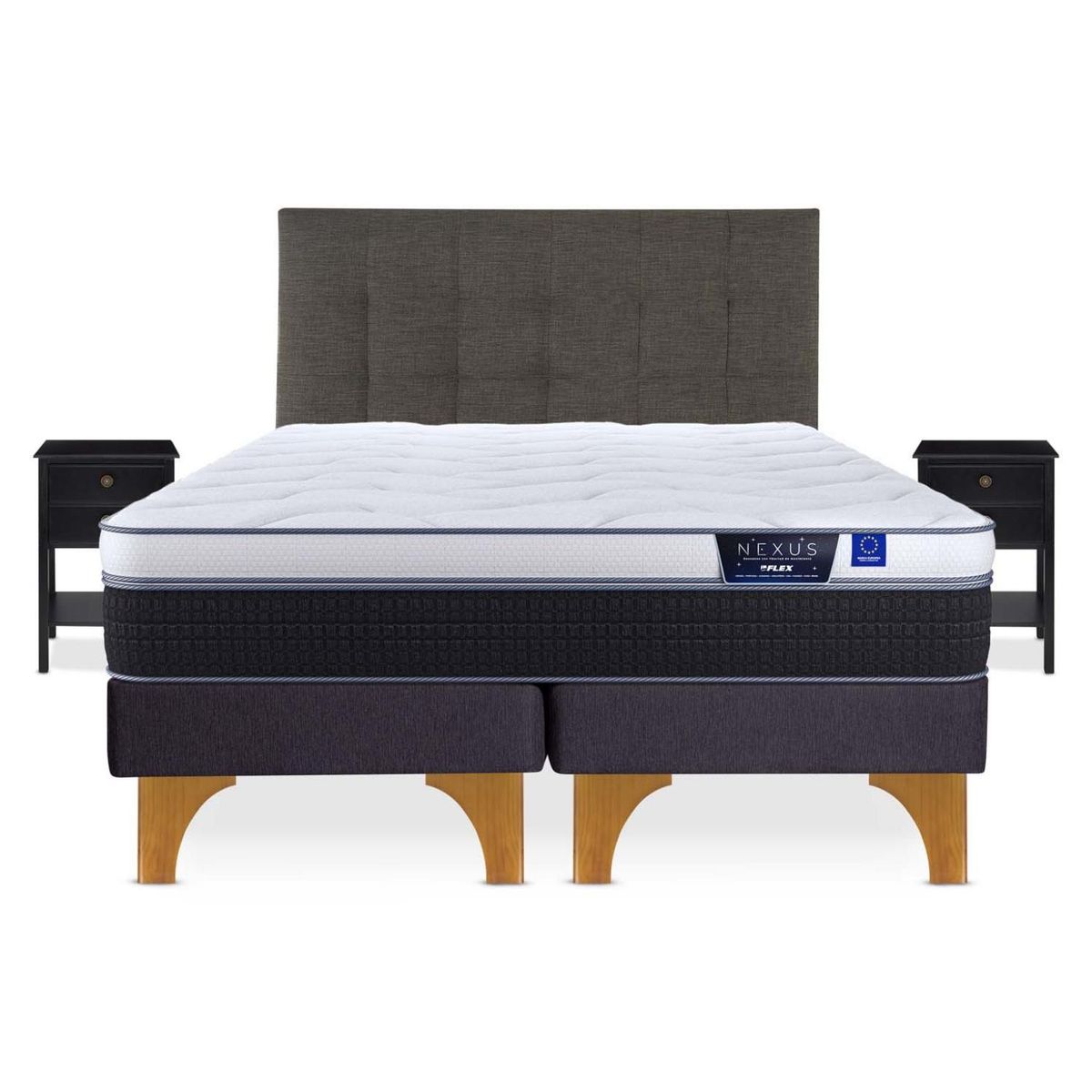 FLEX - Cama Europea Nexus 2 Plazas Bd + Respaldo Design Grafito + 2 Veladores Rover Flex