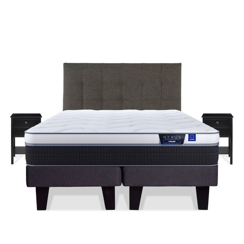 FLEX - Cama Europea Nexus 2 Plazas Bd + Respaldo Design Grafito + 2 Veladores Rover Flex