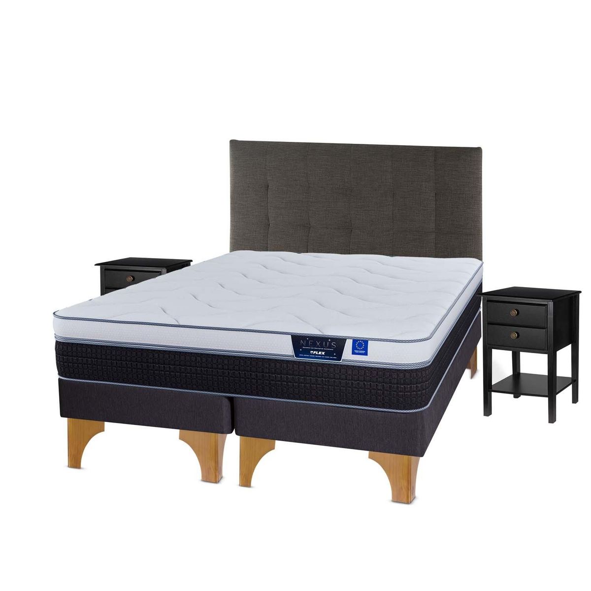 FLEX - Cama Europea Nexus 2 Plazas Bd + Respaldo Design Grafito + 2 Veladores Rover Flex