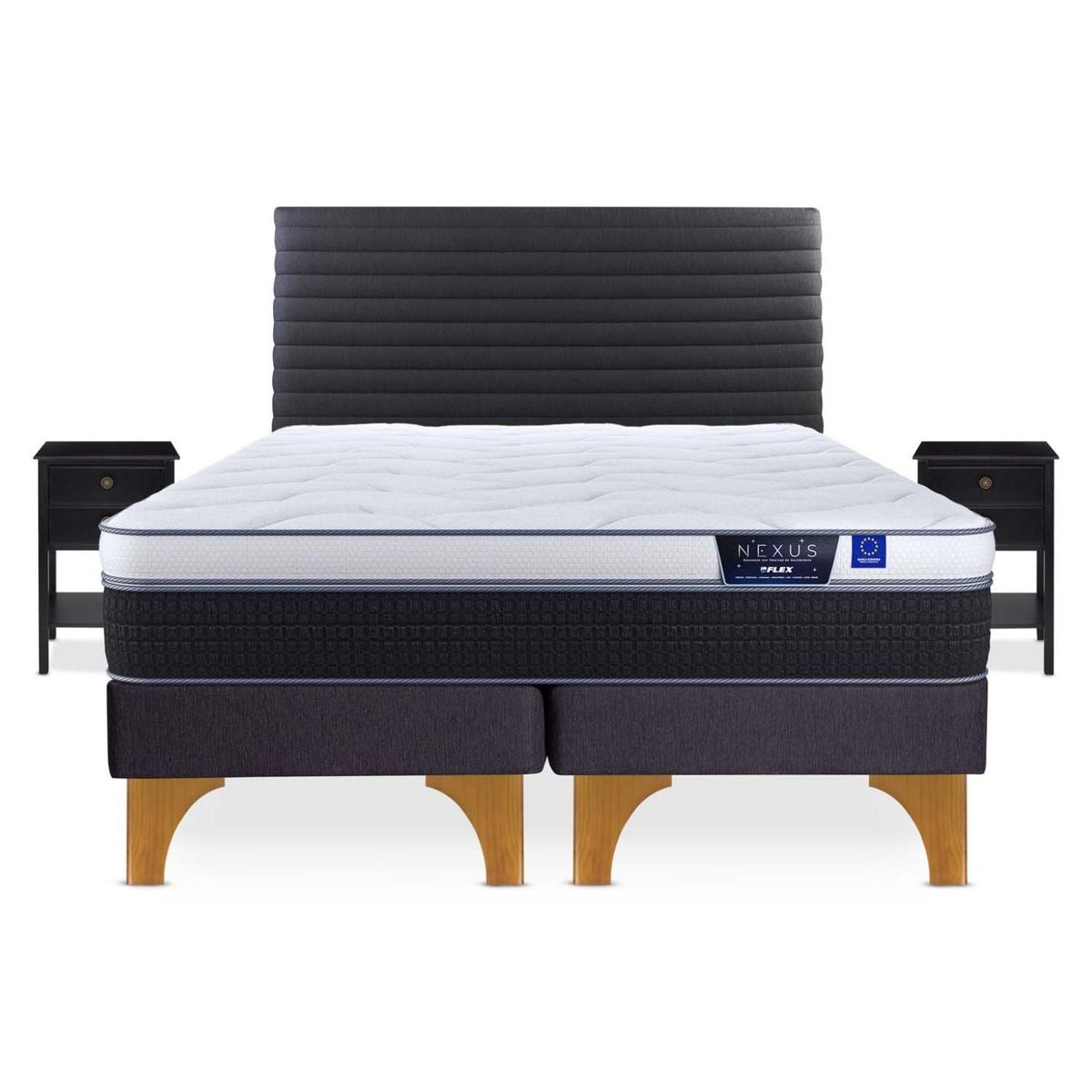 FLEX - Cama Europea Nexus 2 Plazas Bd + Respaldo Modern + 2 Veladores Rover Flex