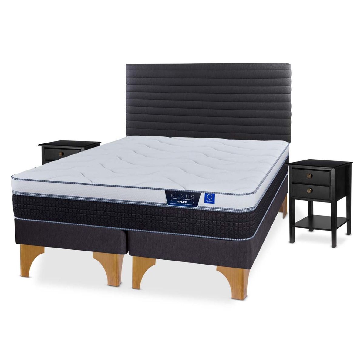 FLEX - Cama Europea Nexus 2 Plazas Bd + Respaldo Modern + 2 Veladores Rover Flex