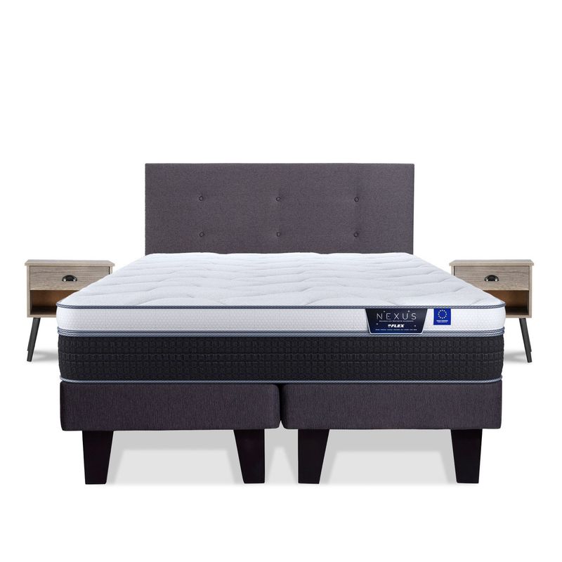FLEX - Cama Europea Nexus 2 Plazas Bd + Respaldo Royal Grafito + 2 Veladores Rock Flex