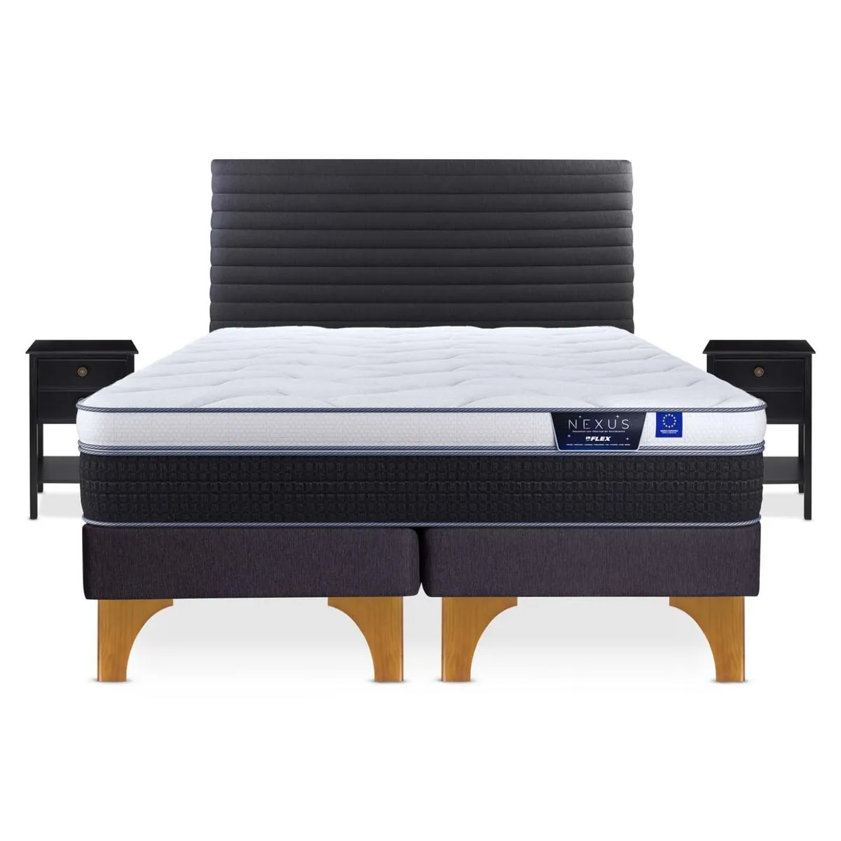 FLEX - Cama Europea Nexus King x 2.00mt Base Dividida + Respaldo + 2 Veladores Flex
