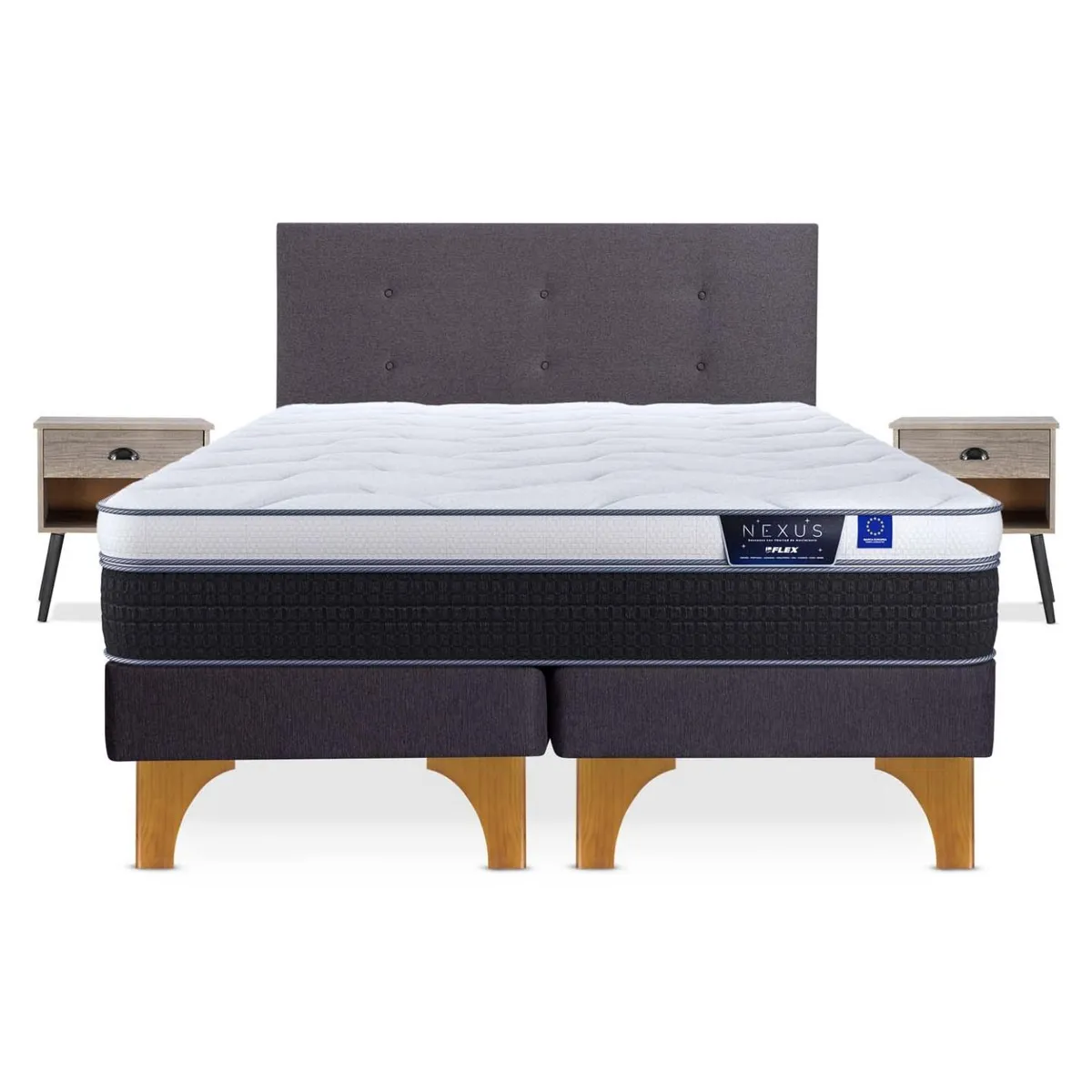 FLEX - Cama Europea Nexus King x 2.00mt Base Dividida + Respaldo + 2 Veladores Flex