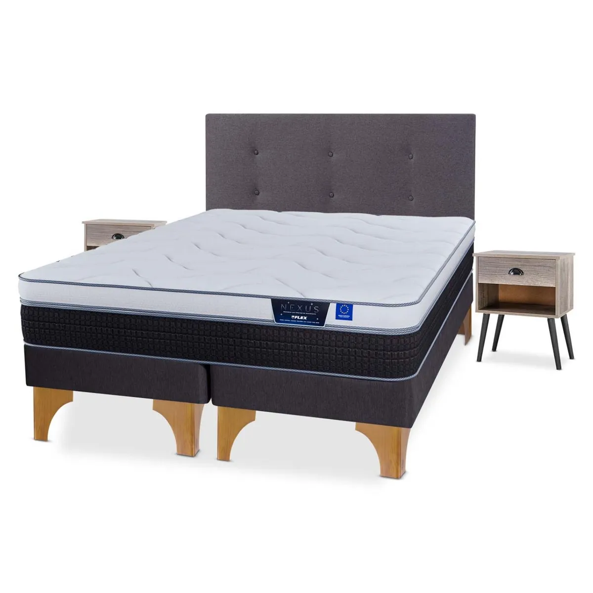 FLEX - Cama Europea Nexus King x 2.00mt Base Dividida + Respaldo + 2 Veladores Flex