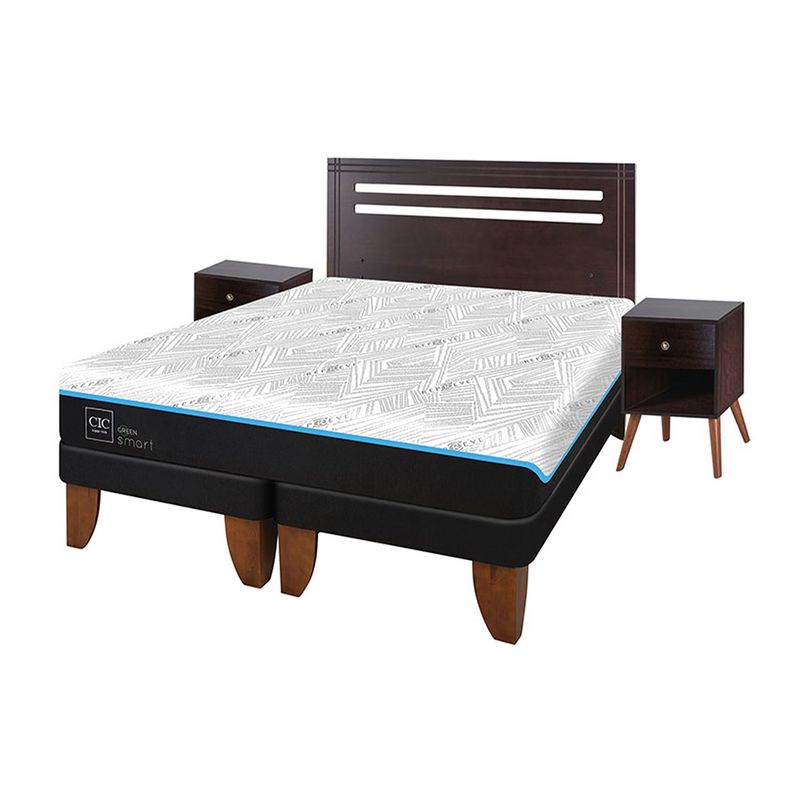 CIC - Cama Europea Green 2 Plazas + Respaldo + 1 Velador Cic