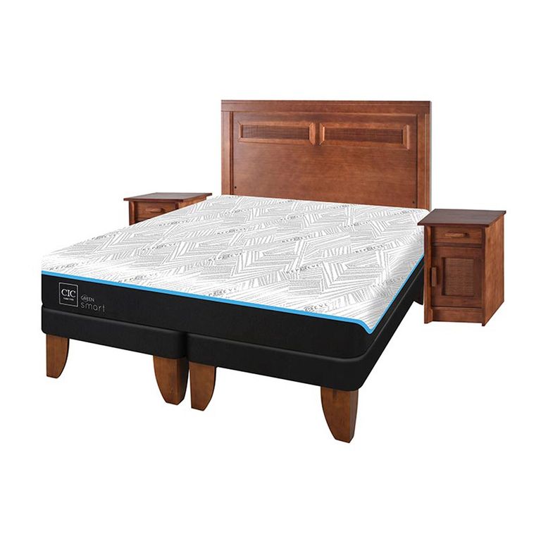 Cama Europea Green 2 Plazas + Respaldo +1 Velador