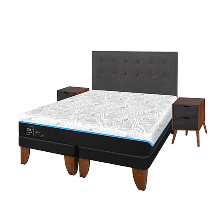 Cama Europea Green King + Respaldo + 2 Veladores
