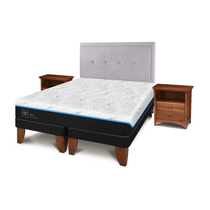 CIC - Cama Europea Green 2 Plazas + Respaldo + 1 Velador Cic