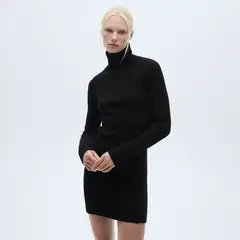 MANGO - Vestido Corto Punto Cuello Vuelto Mujer