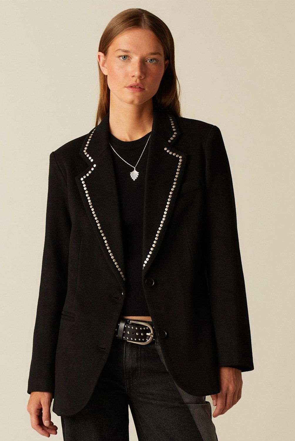 NICOLI - Blazer Negro Tachuelas Plateadas Mujer Nicoli