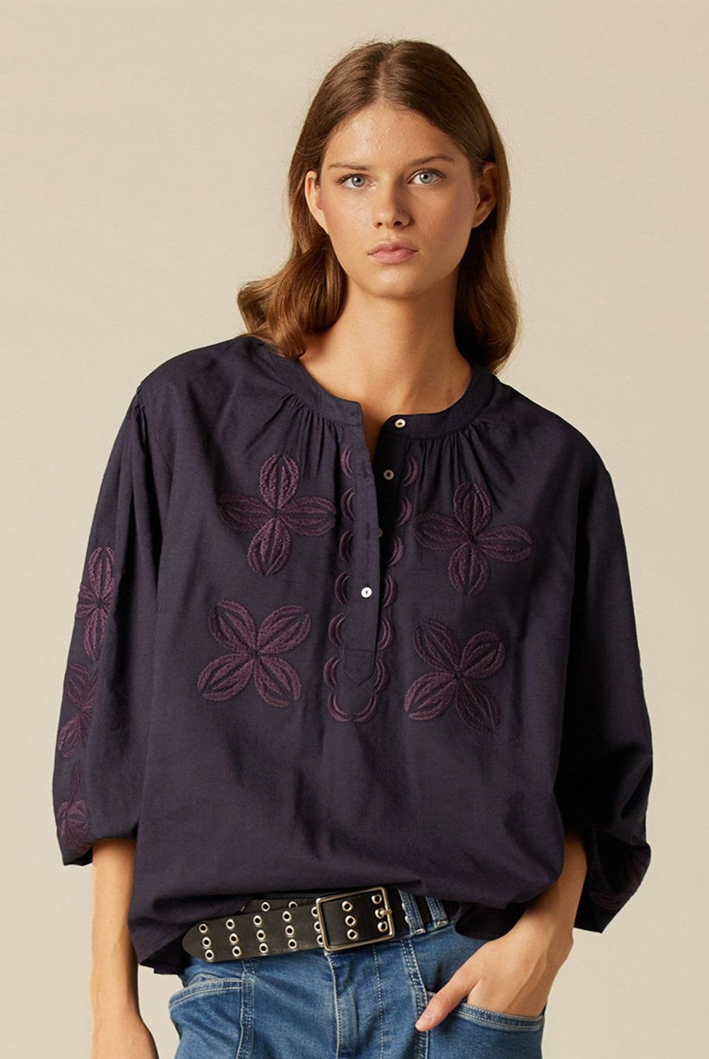 NICOLI - Blusa Azul Bordado Flor Mujer Nicoli