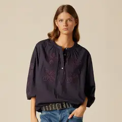 NICOLI - Blusa Azul Bordado Flor Mujer