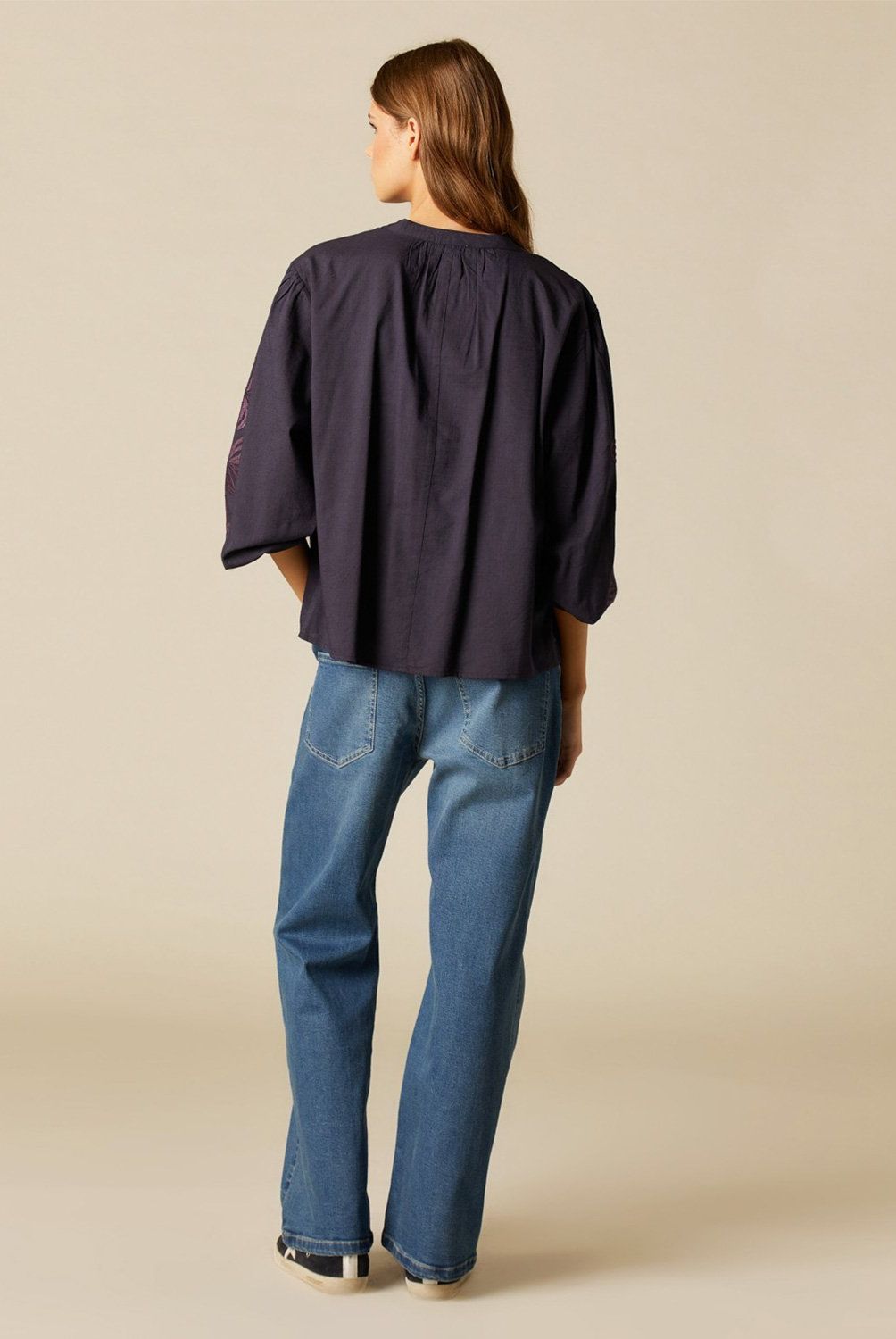 NICOLI - Blusa Azul Bordado Flor Mujer Nicoli