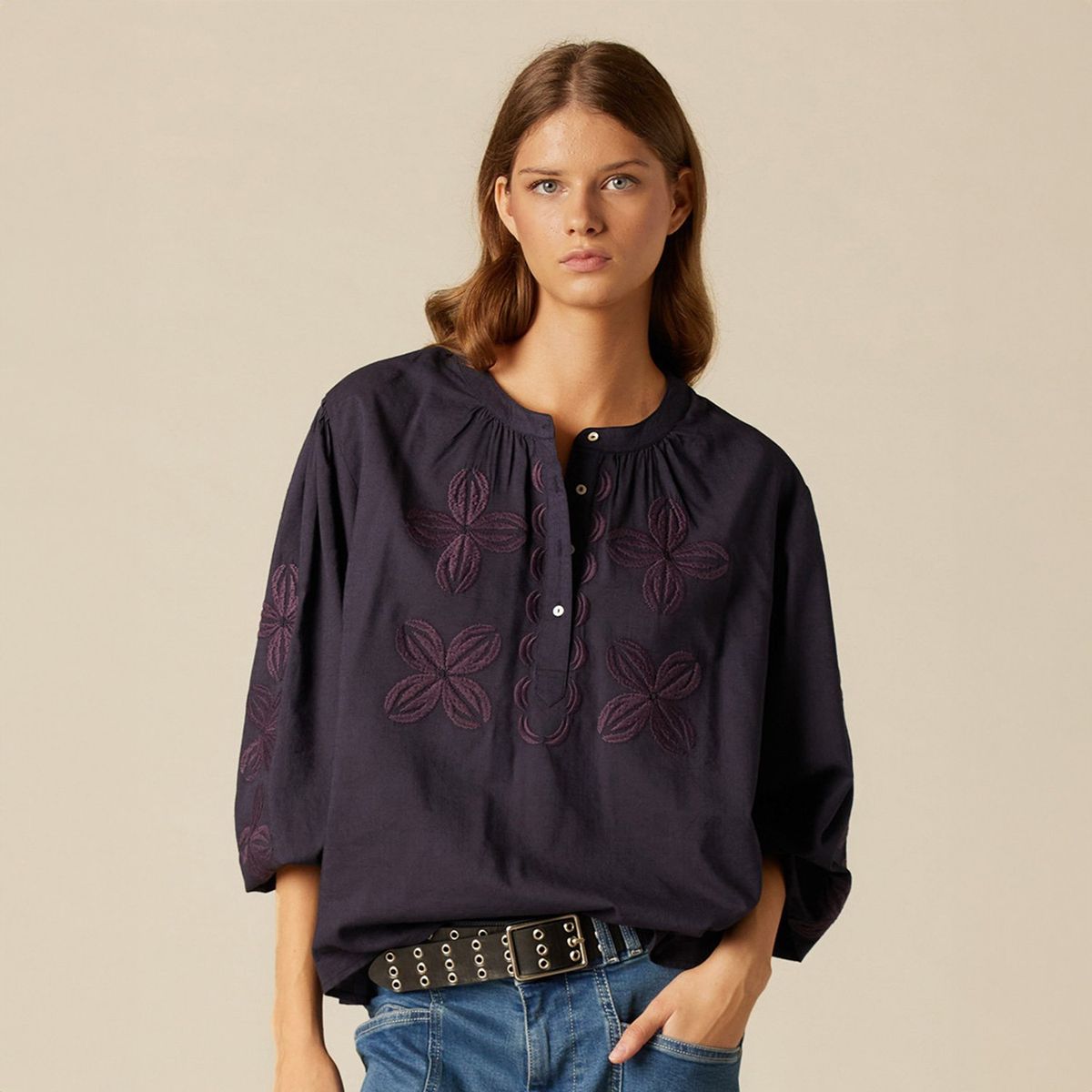 NICOLI - Blusa Azul Bordado Flor Mujer Nicoli
