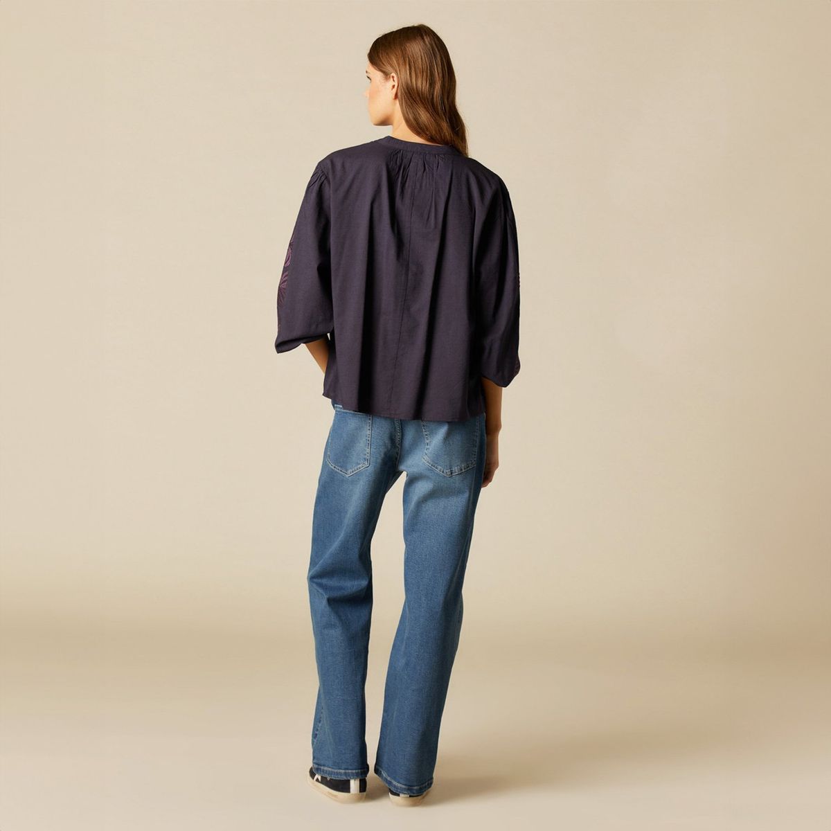 NICOLI - Blusa Azul Bordado Flor Mujer Nicoli