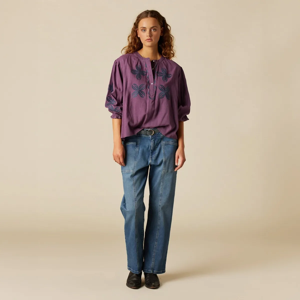 NICOLI - Blusa Morado Bordado Flor Mujer Nicoli