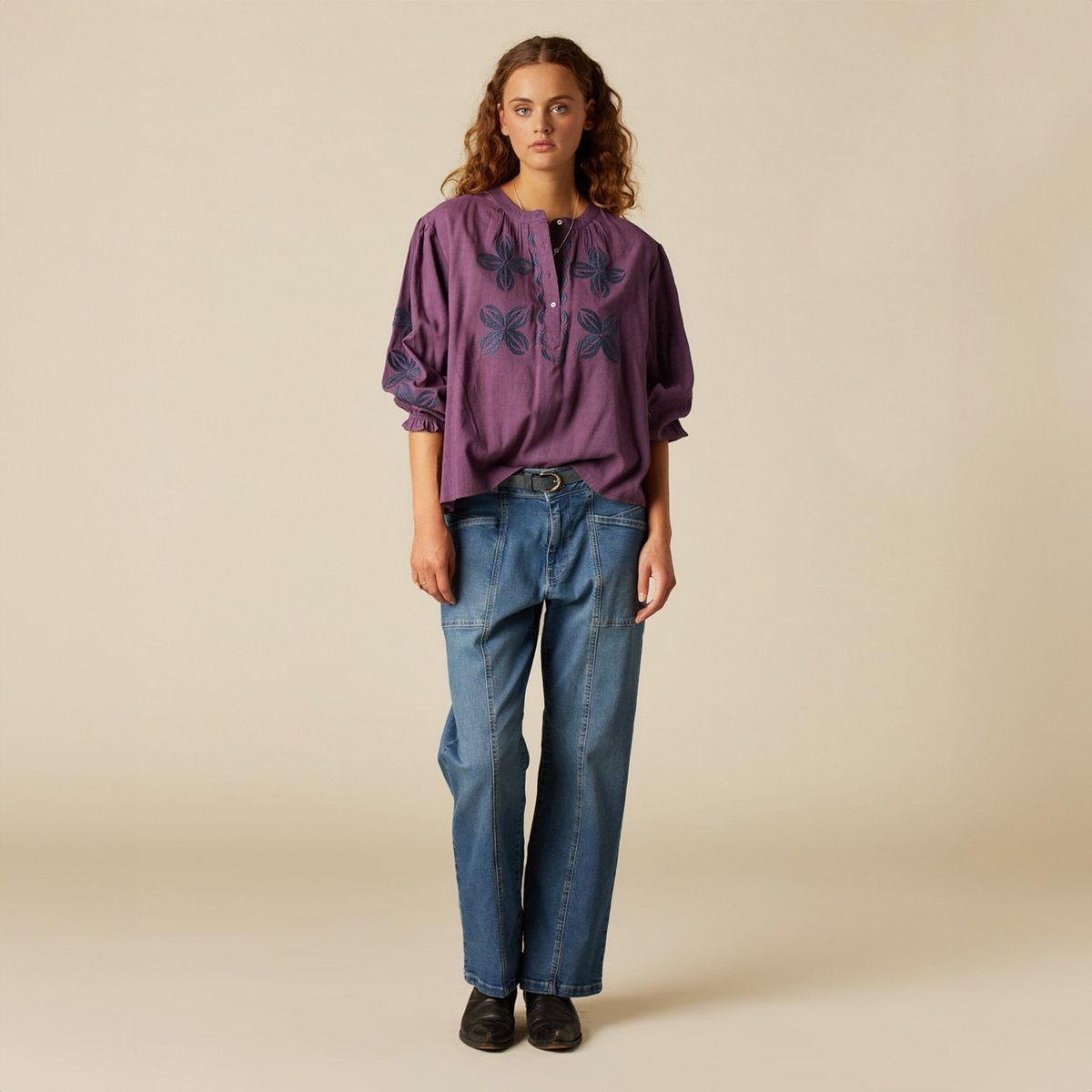 NICOLI - Blusa Morado Bordado Flor Mujer Nicoli