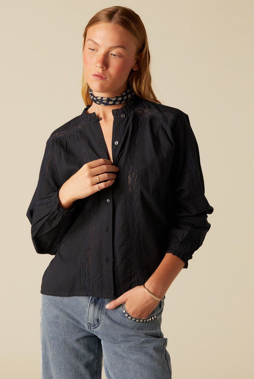 NICOLI - Blusa Antracita Tira Encaje Mujer Nicoli