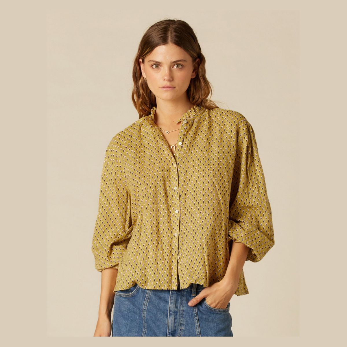 NICOLI - Blusa Hojitas Mostaza Mujer Nicoli