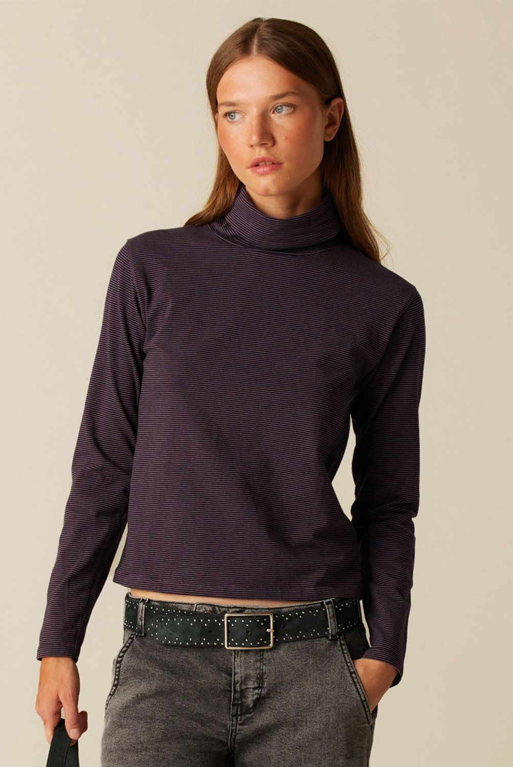 NICOLI - Polera Cuello Vuelto Rayas Morado Mujer Nicoli