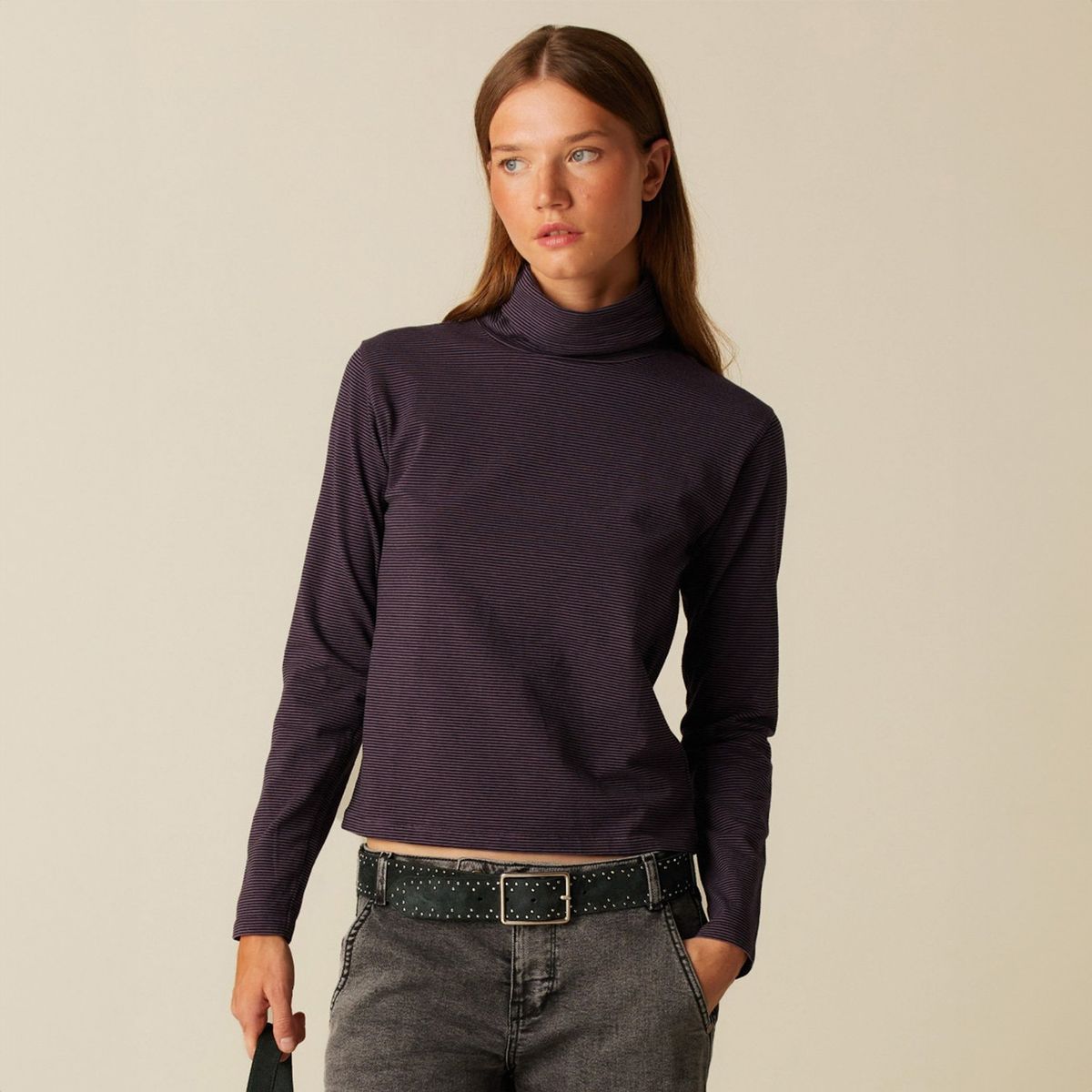 NICOLI - Polera Cuello Vuelto Rayas Morado Mujer Nicoli