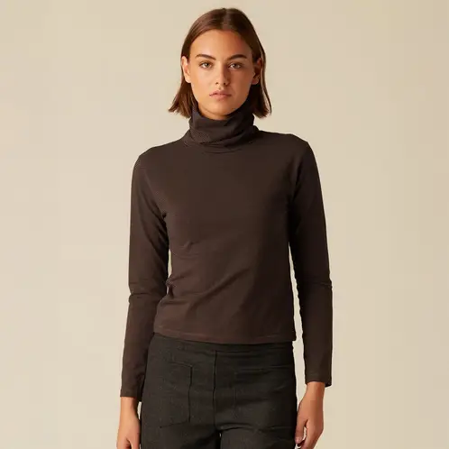 NICOLI - Polera Cuello Vuelto Rayas Café Mujer