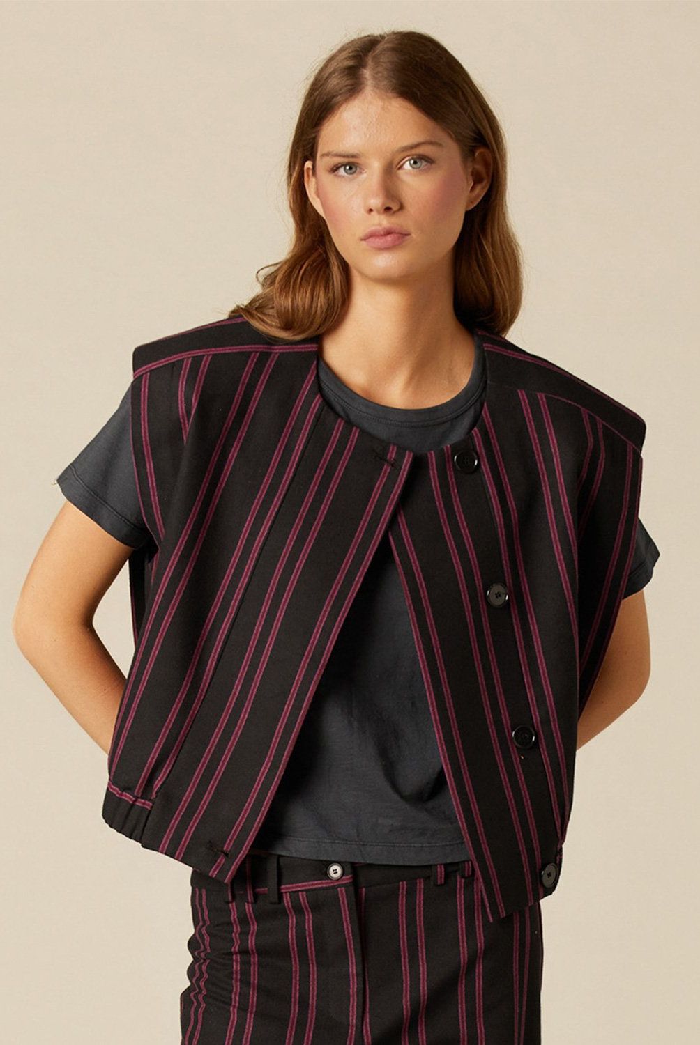 NICOLI - Chaqeta Sin Mangas Negro Raya Morado Mujer Nicoli