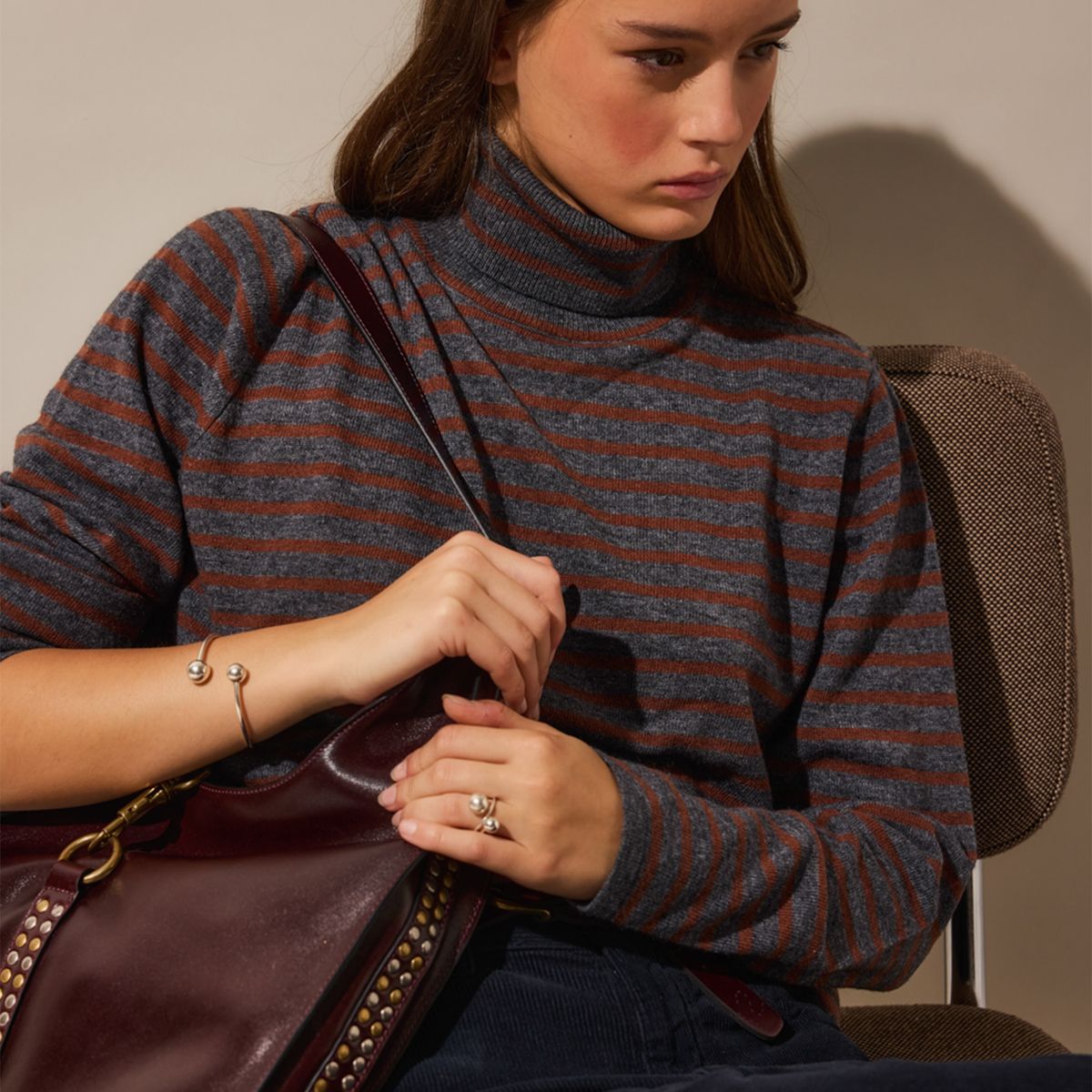 NICOLI - Sweater Cuello Vuelto Rayas Café/Marengo Mujer Nicoli