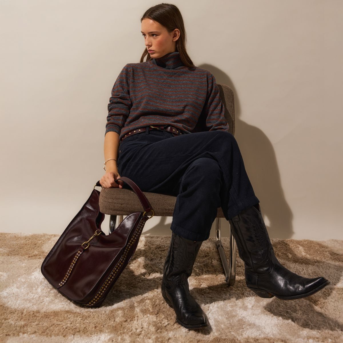 NICOLI - Sweater Cuello Vuelto Rayas Café/Marengo Mujer Nicoli