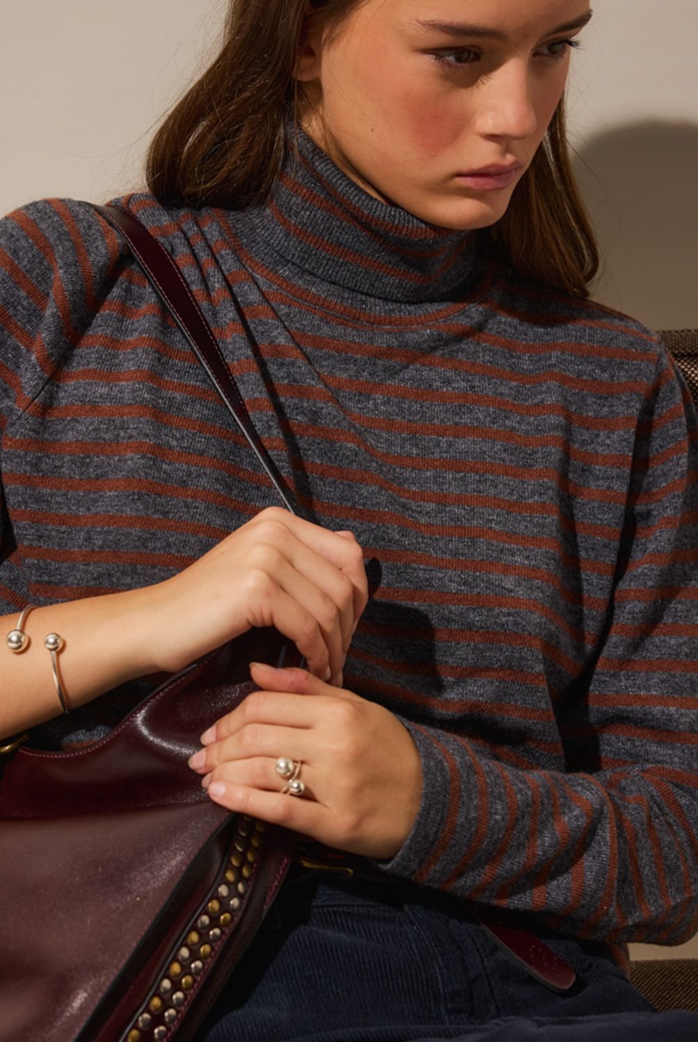 NICOLI - Sweater Cuello Vuelto Rayas Café/Marengo Mujer Nicoli
