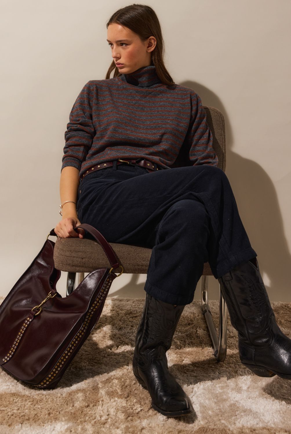 NICOLI - Sweater Cuello Vuelto Rayas Café/Marengo Mujer Nicoli