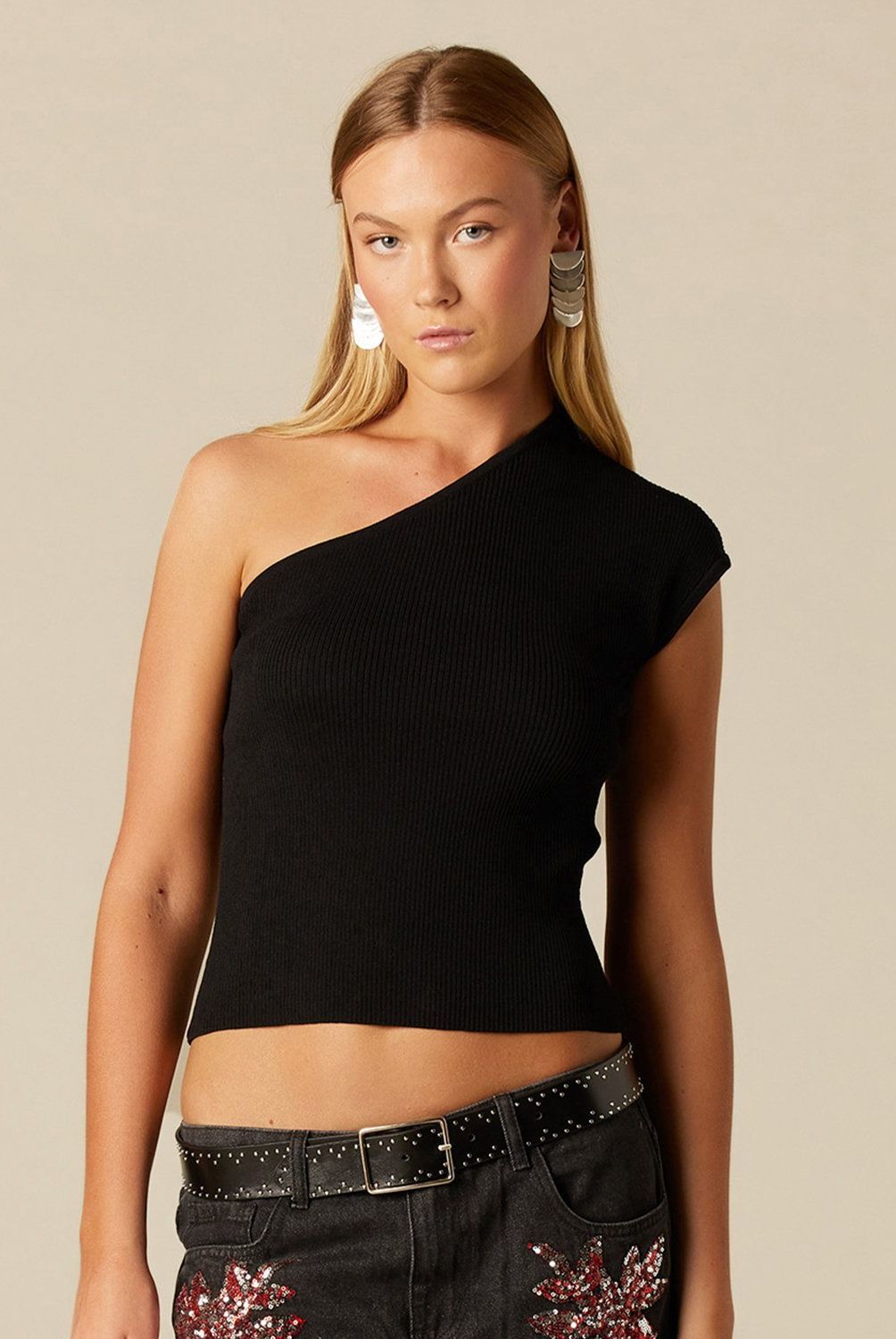 NICOLI - Top Asimétrico Canalé Negro Mujer Nicoli
