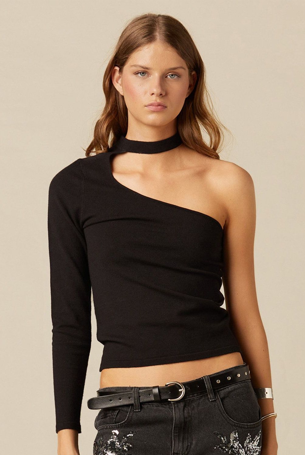 NICOLI - Top Asimétrico Abertura Escote Negro Mujer Nicoli