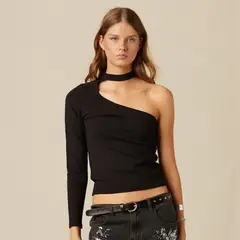 NICOLI - Top Asimétrico Abertura Escote Negro Mujer